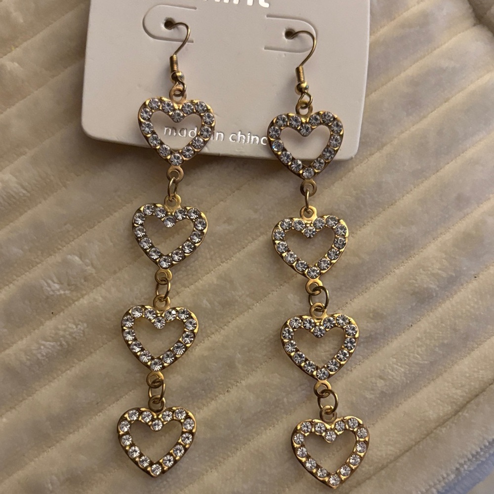 Gold Heart Dangle Earrings with Clear Crystals